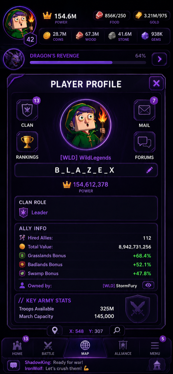 Fictional example of a Kingdoms of Heckfire player profile screenshot